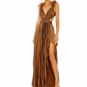 Mac Duggal Pleated Feather Cap Sleeve Open Back Gown New size 2